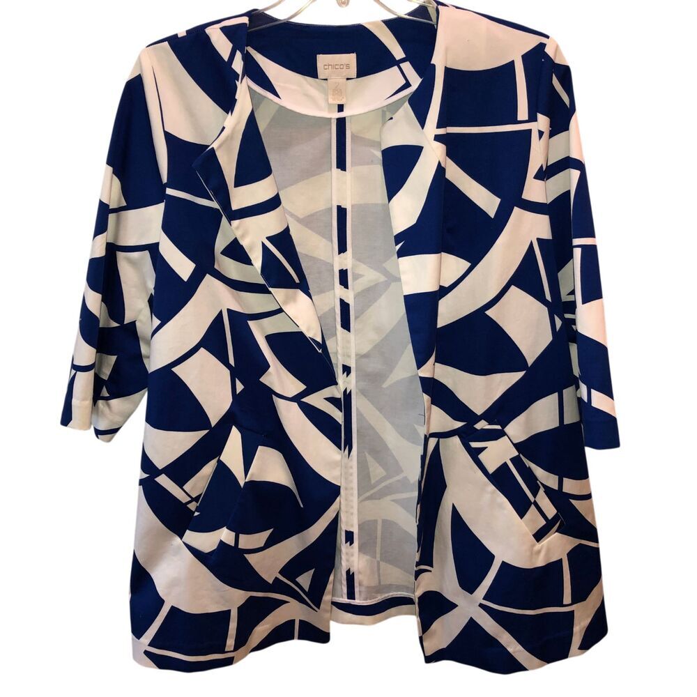 Chicos Size 2 Large Royal Blue Geometric Print 3/4 Sleeve Open Blazer Jacket